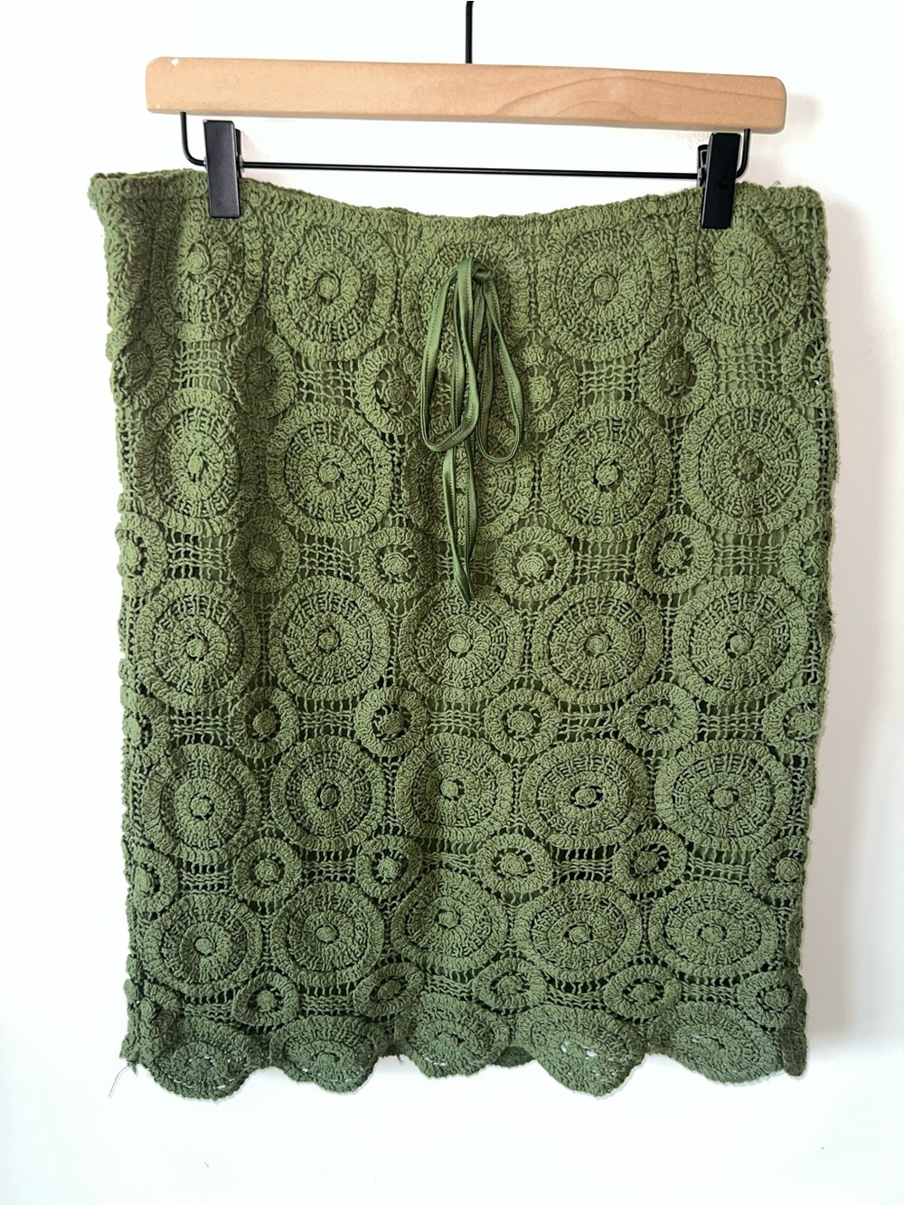 Kings Road Olive Green Crochet Mini Skirt Boho Beachy Lined 100% Cotton